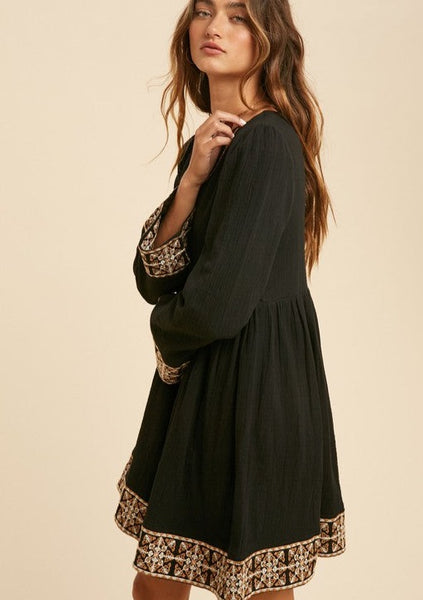 Boho Vibes Cotton Embroidered V-neck Dress