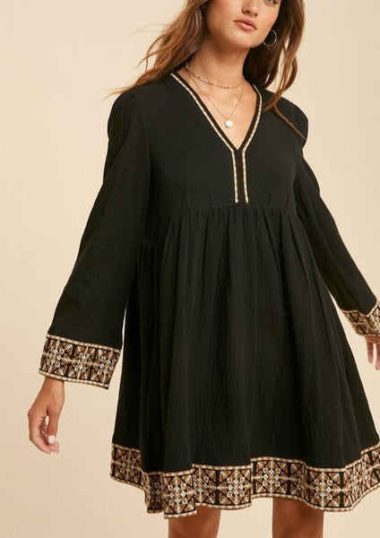 Boho Vibes Cotton Embroidered V-neck Dress