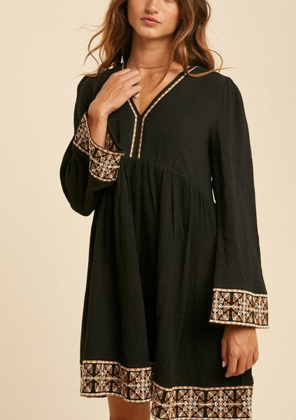 Boho Vibes Cotton Embroidered V-neck Dress