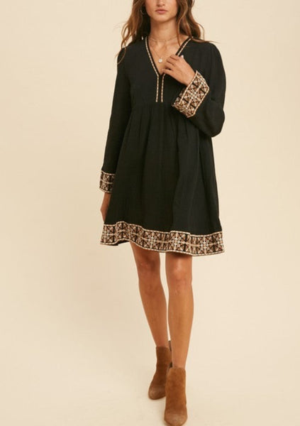 Boho Vibes Cotton Embroidered V-neck Dress