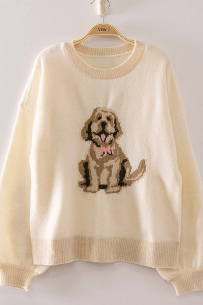 12W3674N-Cute Dog Intarsia Knit Sweater: IVORY / S-M-L/2-2-2