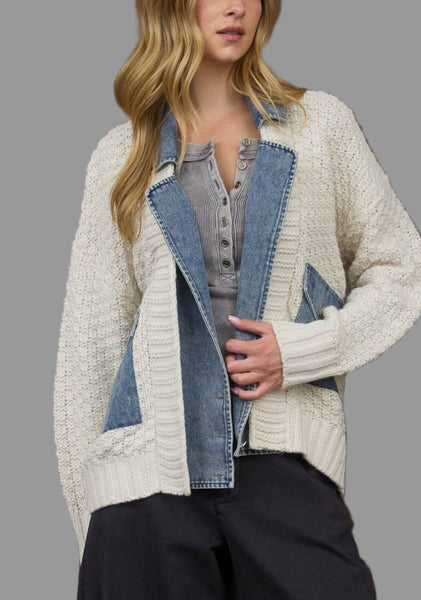 Mixed Media Cable Knit Denim Trim Jacket