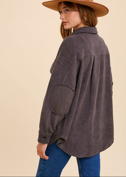 Garment Washed Fleece Shacket in Charcoal