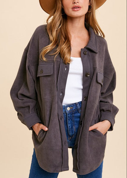 Garment Washed Fleece Shacket in Charcoal