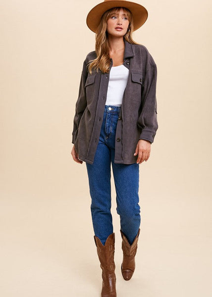 Garment Washed Fleece Shacket in Charcoal