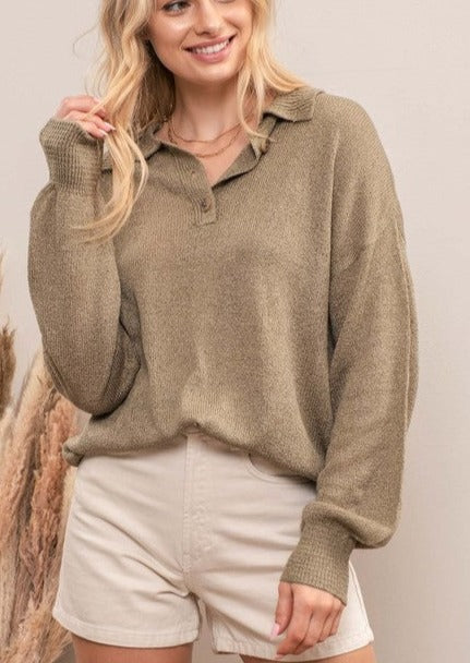 Olive Lightweight Collared Sweater