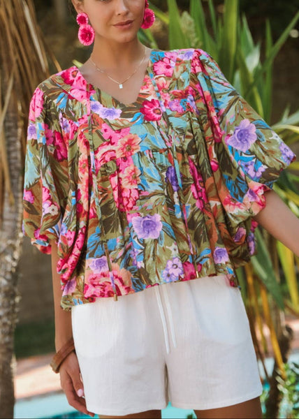 Garden Party Printed Blouse With Wide Bubble Sleeve