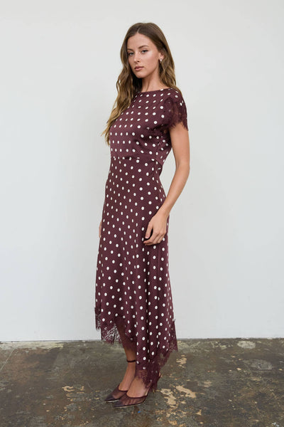 POLKA DOT LACE TRIM SHORT SLEEVE MIDI DRESS: BLACK