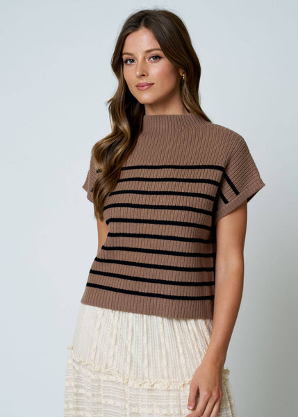 Mocha Striped Mock Neck Knit Sweater