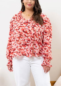 Curvy Rose Brushstroke Ruffle Collar Blouse Top