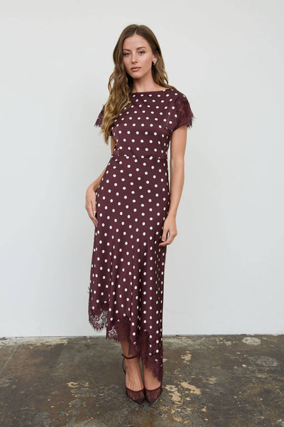 POLKA DOT LACE TRIM SHORT SLEEVE MIDI DRESS: MAROON