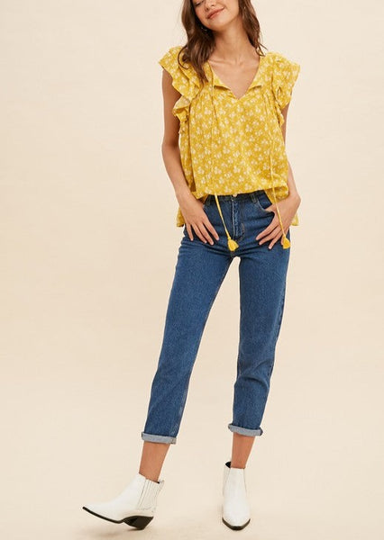 Floral Mustard Linen Top with Ruffle Cap Sleeves ~FINAL SALE