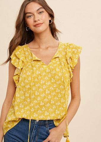 Floral Mustard Linen Top with Ruffle Cap Sleeves ~FINAL SALE