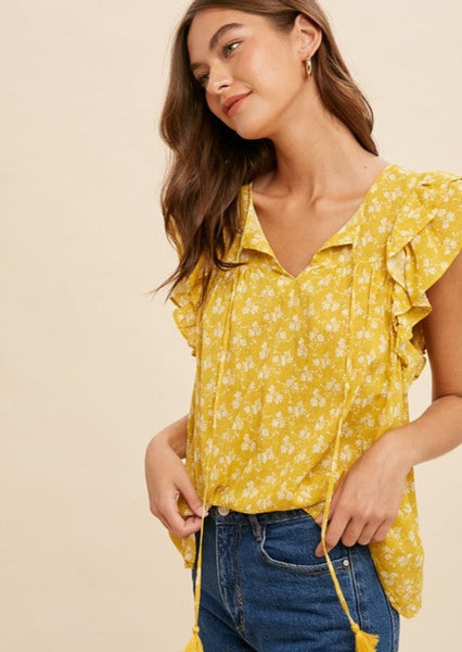 Floral Mustard Linen Top with Ruffle Cap Sleeves ~FINAL SALE