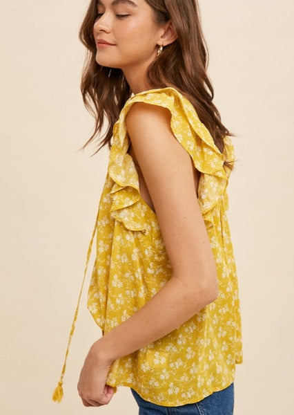 Floral Mustard Linen Top with Ruffle Cap Sleeves ~FINAL SALE