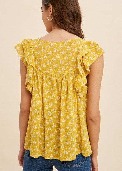 Floral Mustard Linen Top with Ruffle Cap Sleeves ~FINAL SALE