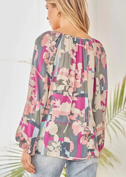 Geo Floral Print Bubble Sleeve Blouse ~ FINAL SALE