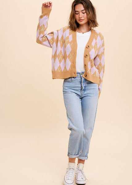 Retro Vibes Argyle Patterned Jacquard Cardigan Sweater