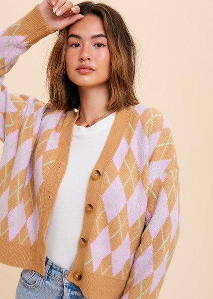 Retro Vibes Argyle Patterned Jacquard Cardigan Sweater