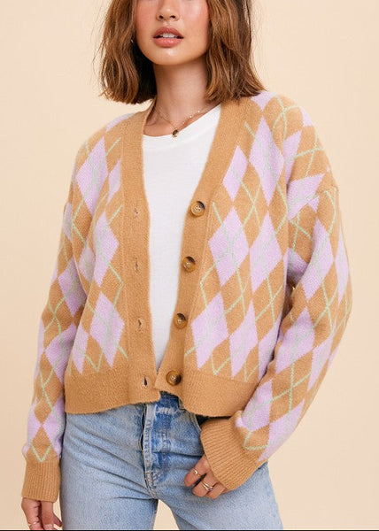 Retro Vibes Argyle Patterned Jacquard Cardigan Sweater