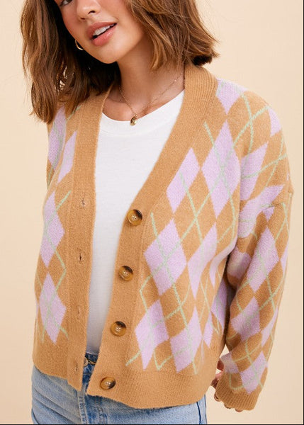 Retro Vibes Argyle Patterned Jacquard Cardigan Sweater