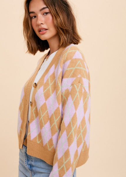 Retro Vibes Argyle Patterned Jacquard Cardigan Sweater