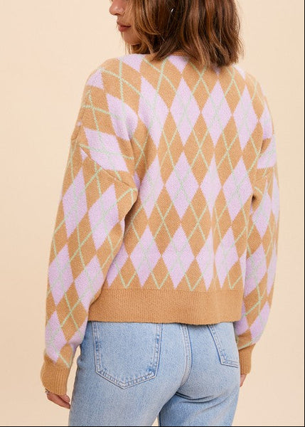Retro Vibes Argyle Patterned Jacquard Cardigan Sweater