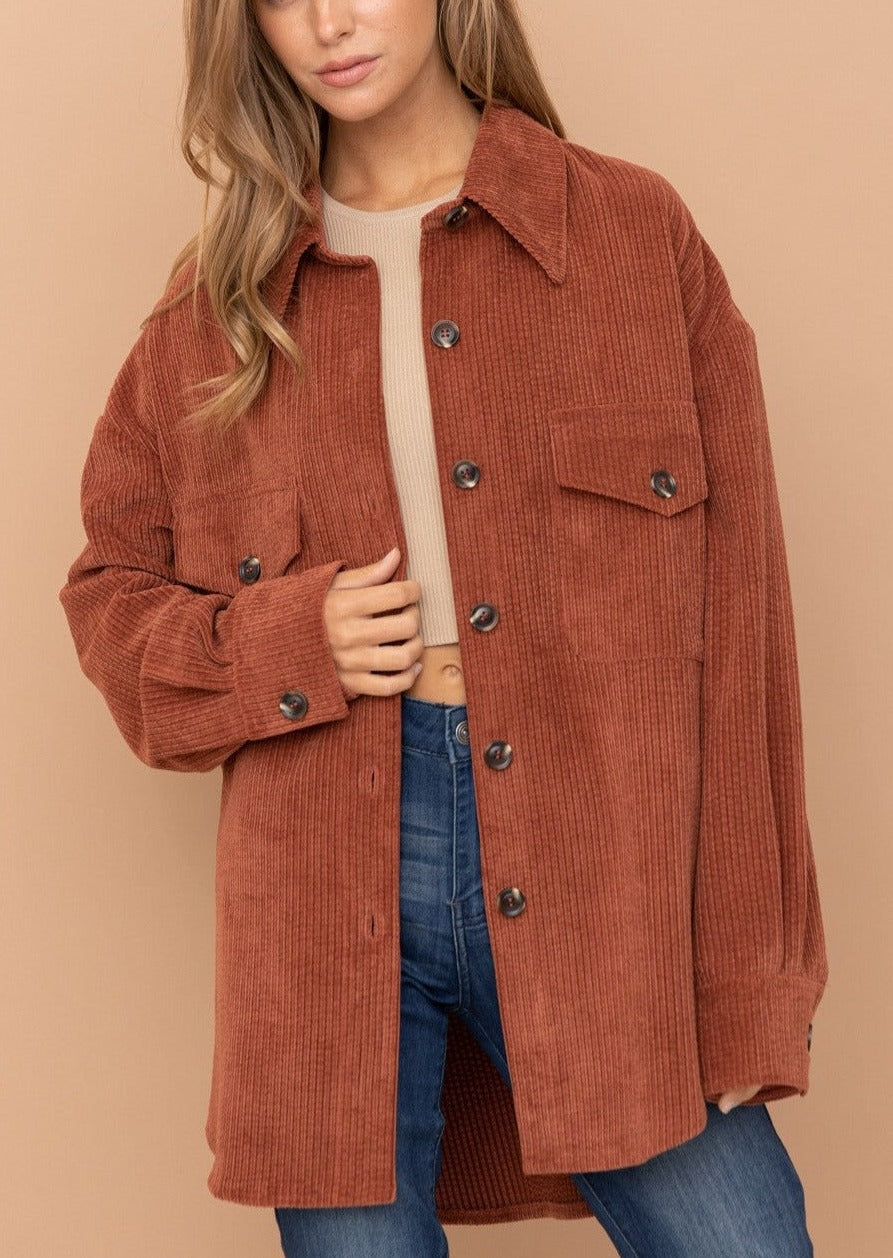 Soft and Cozy Corduroy Shirt Jacket in Rust