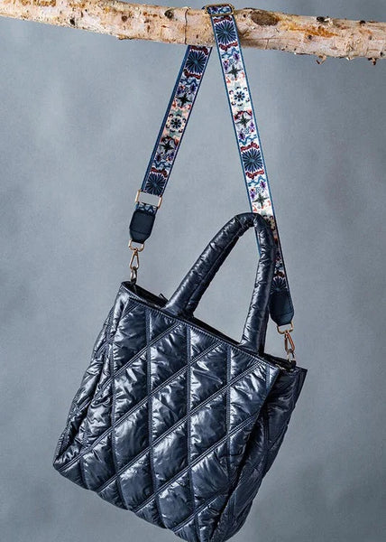 Diamond Quilted Puffer Cross Bag with Strap - Navy