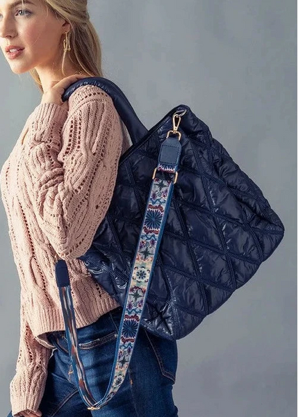 Diamond Quilted Puffer Cross Bag with Strap - Navy