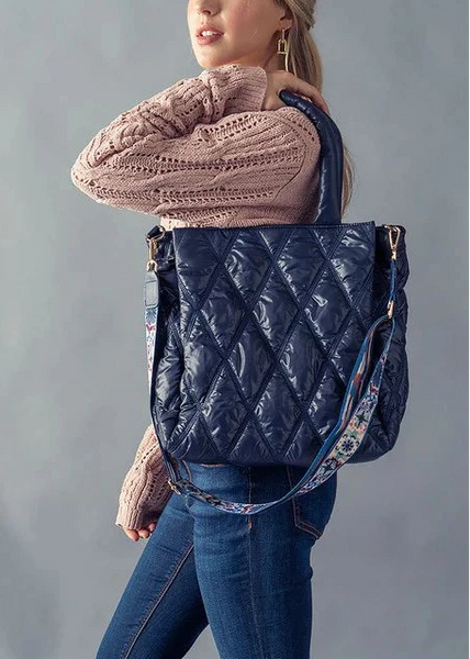 Diamond Quilted Puffer Cross Bag with Strap - Navy