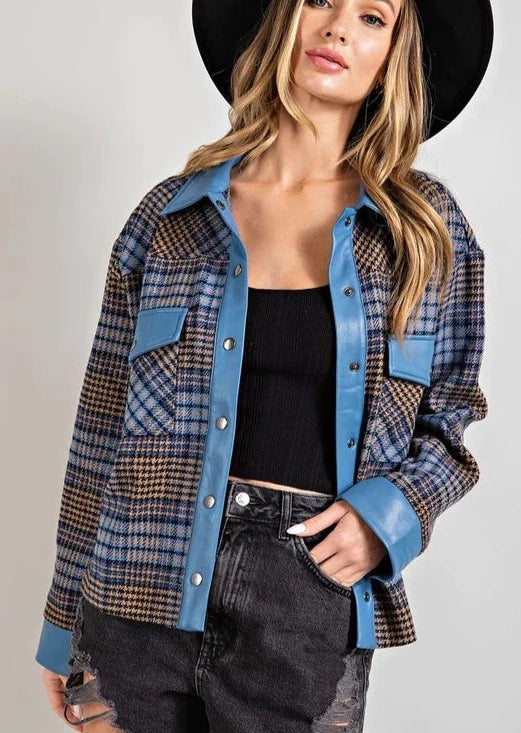 Faux Leather Trim Plaid Jacket