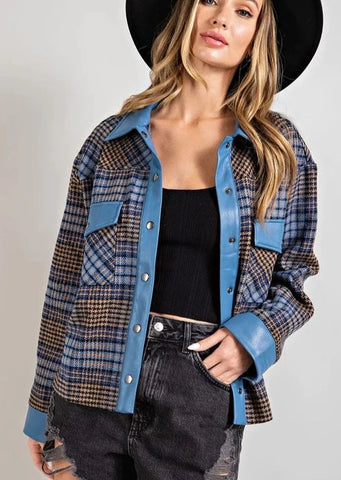 Faux Leather Trim Plaid Jacket~ FINAL SALE
