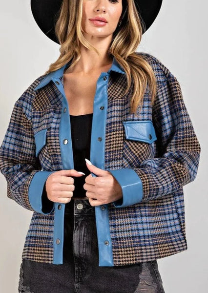 Faux Leather Trim Plaid Jacket