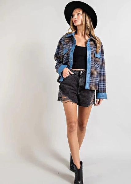 Faux Leather Trim Plaid Jacket