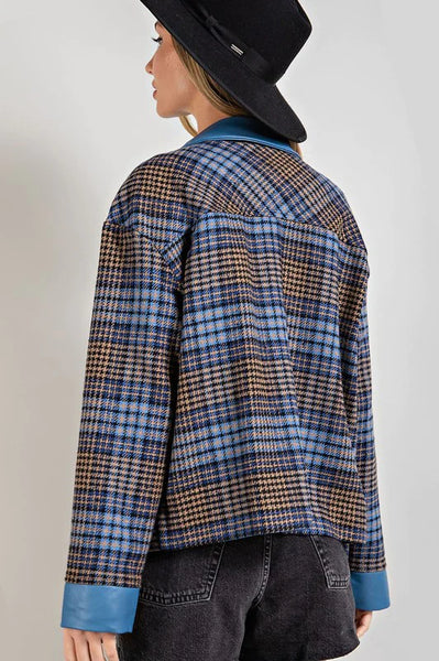 Faux Leather Trim Plaid Jacket