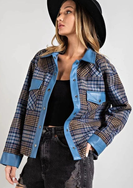 Faux Leather Trim Plaid Jacket~ FINAL SALE