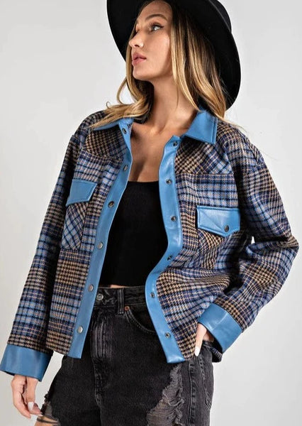 Faux Leather Trim Plaid Jacket