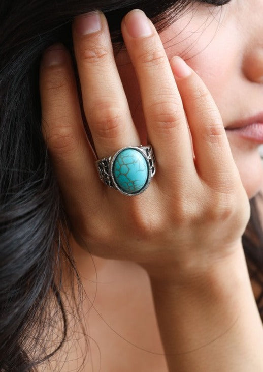 Bohemian Oval Cut Adjustable Turquoise Ring