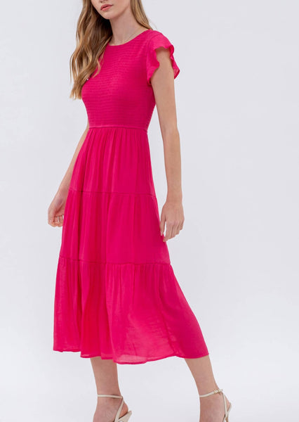 Smocked Tiered Midi Dress in Chambray or Hot Pink