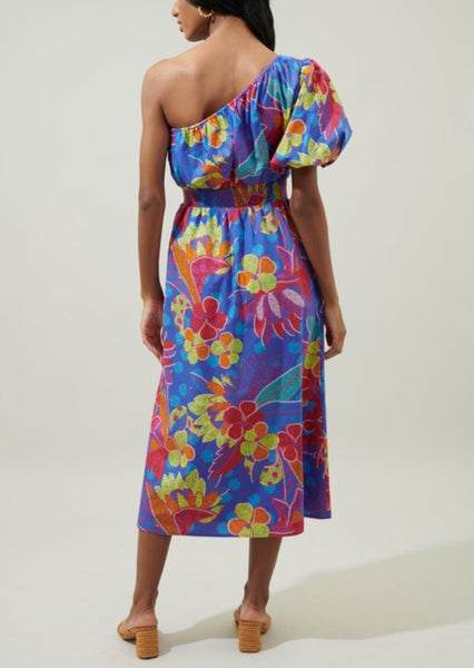 Tropical Bliss Poplin One-Shoulder Midi Dress