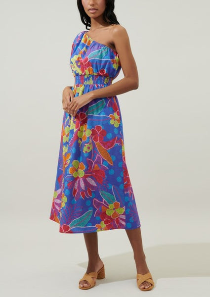 Tropical Bliss Poplin One-Shoulder Midi Dress