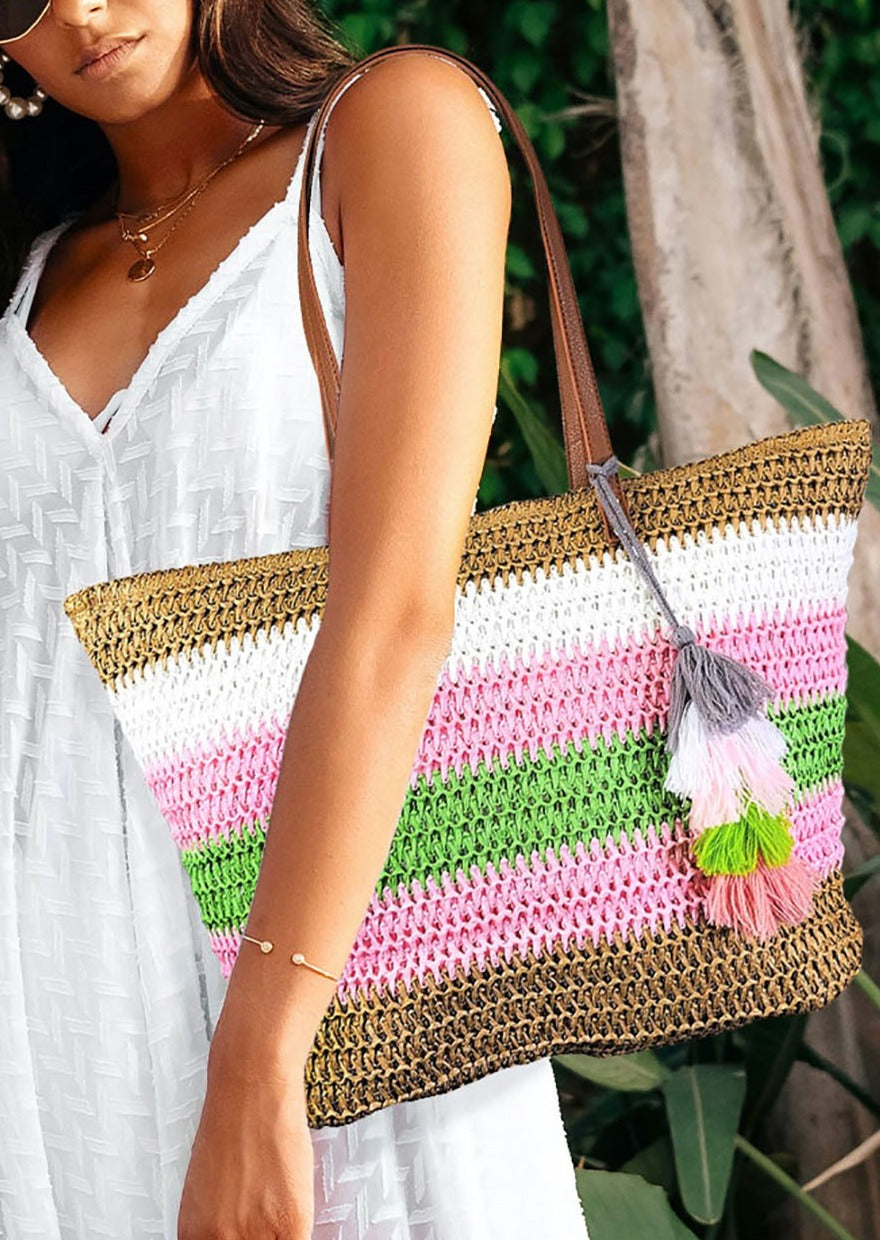 Color-block Tote Bag with Tassel ~FINAL SALE