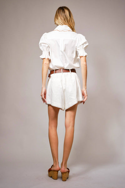 23521T - Embroidered Scallop Collar Puff Sleeve Top: S / OFF WHITE