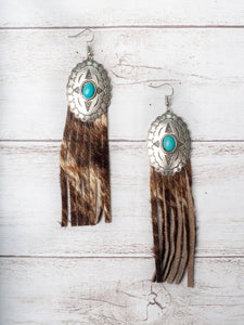 Rebel Like Reba Turquoise Concho With Brown Cowhide Fringe Earrings