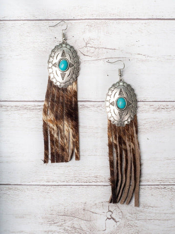 Rebel Like Reba Turquoise Concho With Brown Cowhide Fringe Earrings