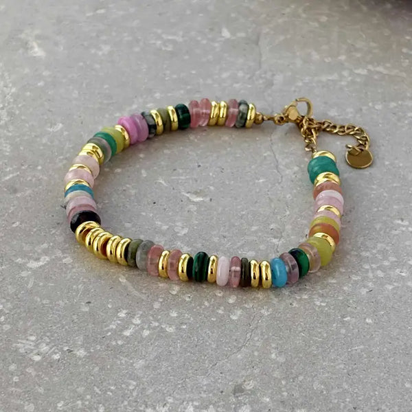 Multicolor Tarnish Resistant Stone And Gold Beaded Bracelet