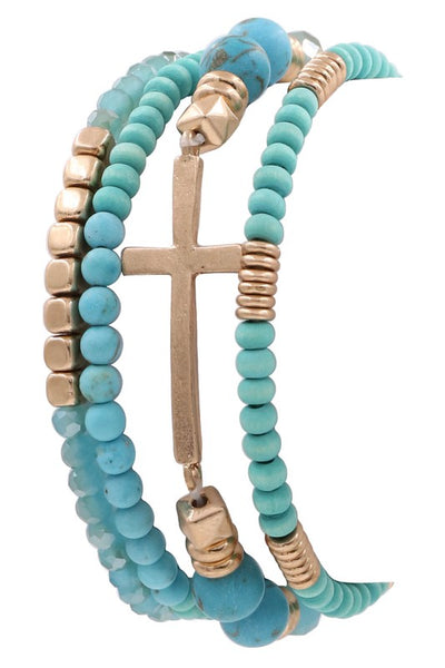 Cross Bracelet with Wood and Semi Precious Stone Beads