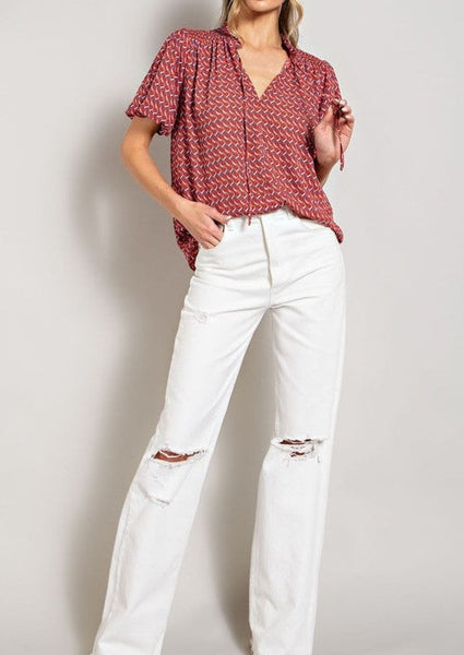 Rosa Red, White & Blue Smock Shoulder Top