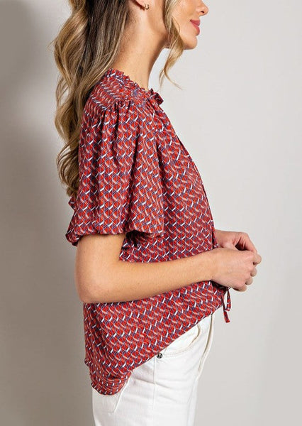 Rosa Red, White & Blue Smock Shoulder Top